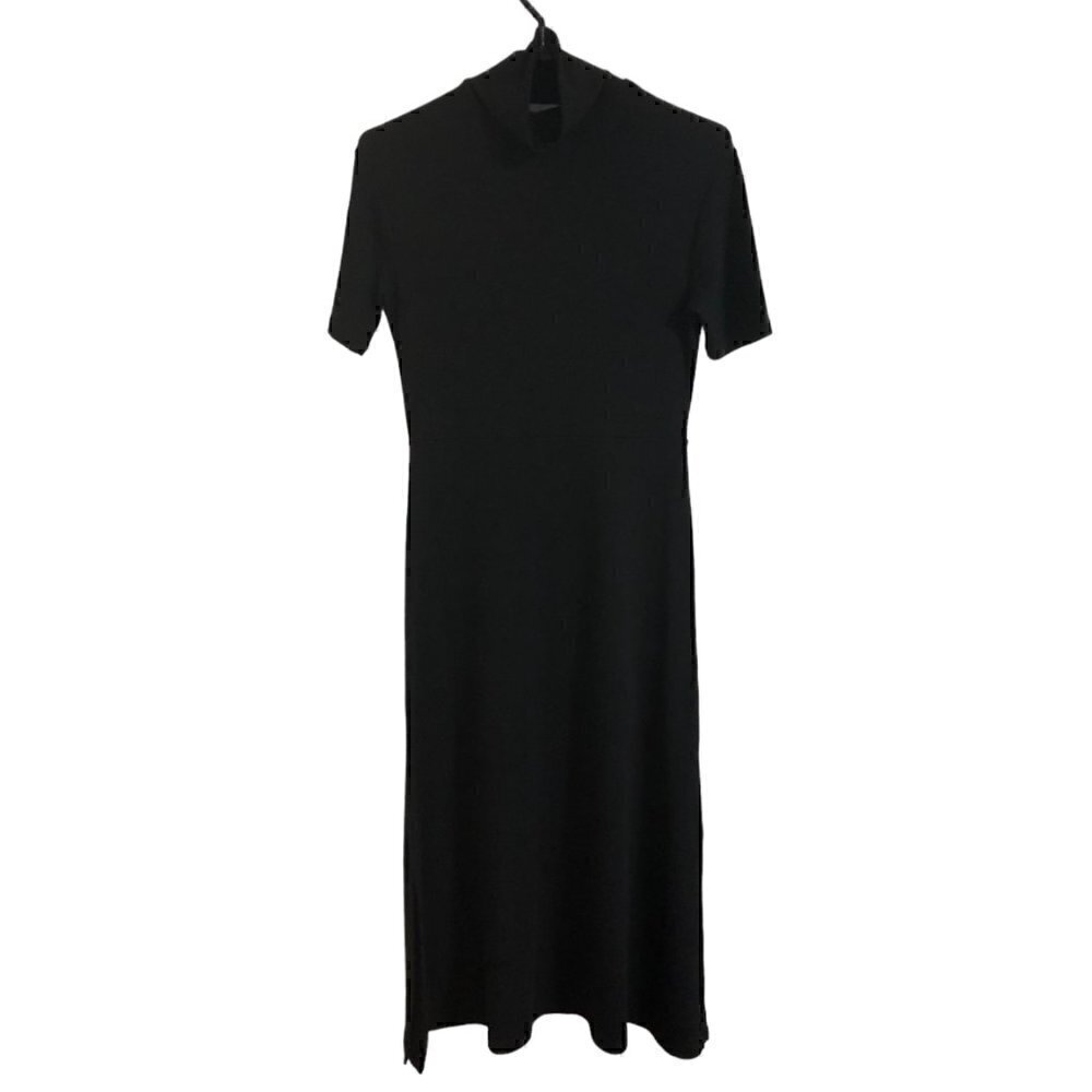 OAK + Fort High Neck Short Sleeve Black Midi Dress